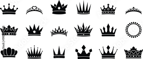 Vector illustration of crown silhouettes with diverse royal designs including spikes, rounded tops, hearts, diamonds, and pearls