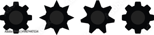 Four black sprocket icons in a row industrial design elements