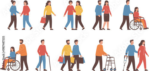 Vector illustration of diverse people walking, shopping, and assisting with mobility aids including wheelchair, cane, walker, and crutches