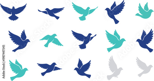 Vector illustration of dove silhouettes in flying poses with wings spread, symbolizing peace, freedom, and motion