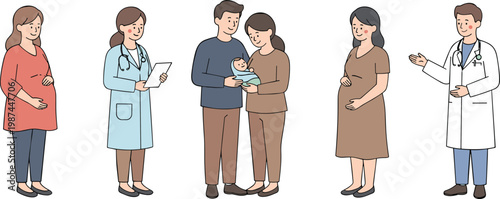 Vector illustration of pregnancy and childbirth stages with medical professionals, expectant parents, and newborn baby care