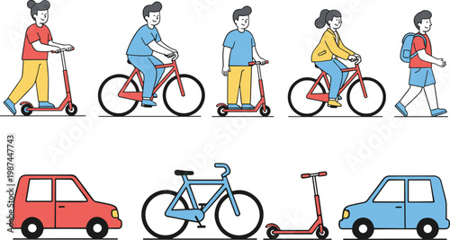 Vector illustration of personal transportation modes including walking, cycling, scootering, and driving cars in colorful designs
