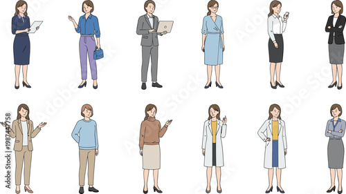 Vector illustration of professional business people in diverse attire with suits, dresses, accessories, and workplace poses