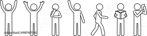 Vector illustration of stick figures in different poses including greeting, thinking, walking, reading, and phone use