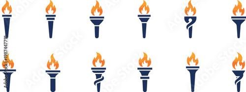 Vector illustration of stylized torch icons with varied handle designs and orange flames symbolizing freedom and enlightenment