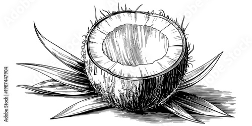 An intricate black and white line art illustration of a halved coconut resting on palm leaves Vector, illustration