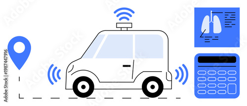 Autonomous vehicles, GPS mapping, wireless systems, data-driven analysis, smart driving, and health diagnostics. Self-driving car with GPS, wireless signals and data screens. Autonomous vehicles