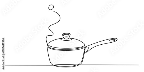 A single continuous line drawing illustration of a steaming cooking pot on a flat surface area. Vector, illustration