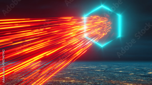 Futuristic glowing hexagonal energy portal with red light streaks over night cityscape