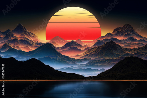 Retro synthwave mountain landscape with giant striped sun over lake