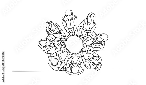 Minimal one line top view illustration of young business team forming circle with joined hands for teamwork and collaboration concept