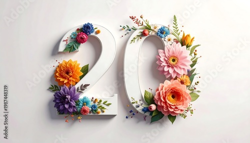 Floral numbers '20' arrangement; vibrant flowers and green foliage adorn the white digits on a light background