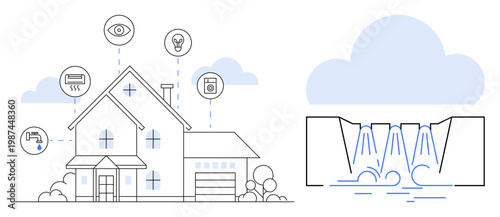 Smart energy management, renewable energy, automation, sustainable living, eco-friendly solutions, water conservation. Connected home showing icons for utilities. Renewable energy and smart energy