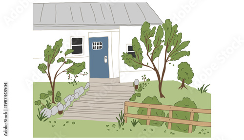 A house with a blue door and a wooden fence in front