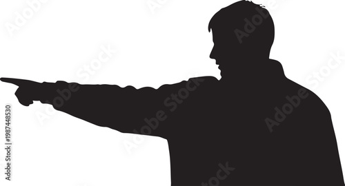Silhouette of man pointing left, black silhouette, pointing gesture, directional icon, isolated vector