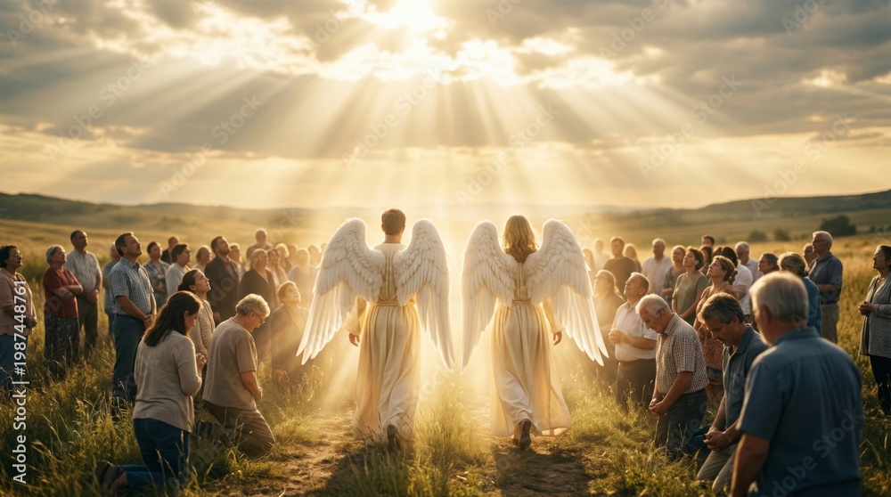 Fototapeta premium Man angel and woman angel with white wings walking towards bright divine light in field. Diverse group of people praying and kneeling. Spiritual religious concept, heavenly miracle.