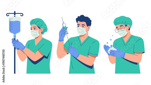 Three medical professionals in scrubs and masks are shown preparing intravenous drips and injections in a clinic.