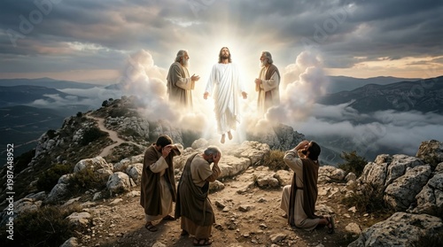 Jesus transfiguration on mountain with Moses and Elijah appearing above shocked apostles. Biblical scene depicting divine light and holy miracle. Christian religious art and spiritual faith.