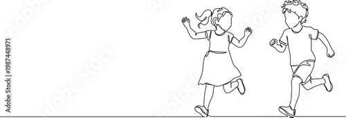 continuous line drawing of boy and girl joyfully running around together, line art vector illustration