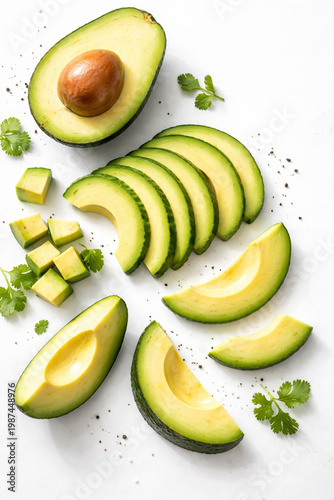 Avocado Still Life: A top-down shot showcases a fresh avocado, cut and styled, in a culinary context. Featuring fresh slices, halves, cubes, and garnishes, the image captures freshness, health.