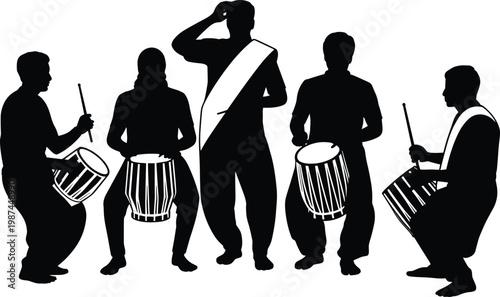 Silhouette of five people playing drums together in a lively rhythm