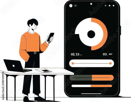 Man checking fitness app on phone with laptop and desk Keywords: fitness, app, smartphone