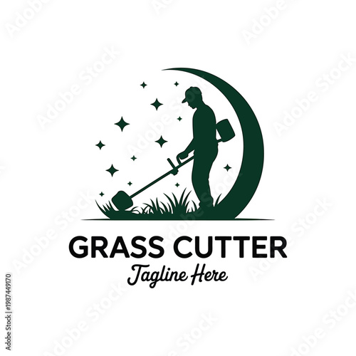 Man with grass cutter mowing lawn with stars and crescent moon symbol for lawn care service and garden maintenance.