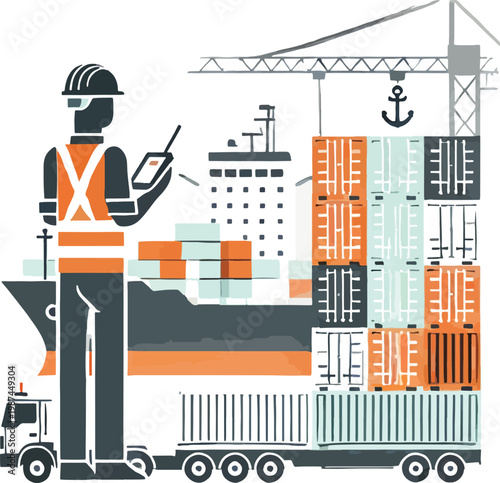 Port worker overseeing shipping containers with crane and ship Keywords: port, worker, shipping