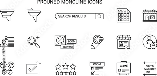 Pruned monoline user interface icon set including search filter calendar store profile checklist rating zoom target favorites symbols