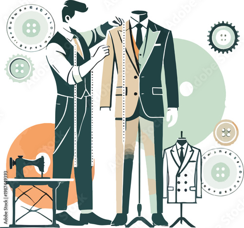 Tailor fitting a suit on a mannequin with sewing machine and buttons Keywords: tailor, suit
