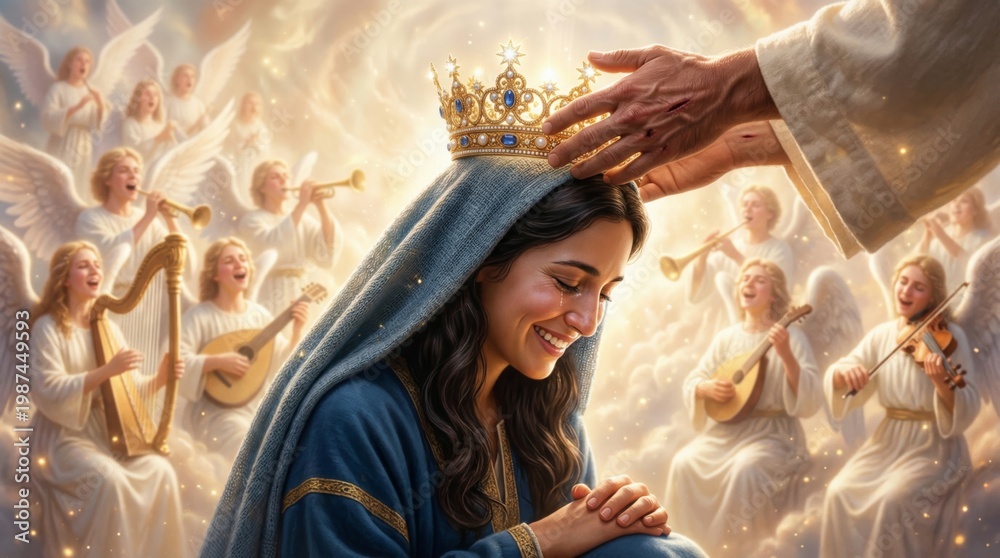 Obraz premium Jesus crowning Virgin Mary with golden crown in heaven. Blessed woman kneeling while receiving divine coronation. Religious scene with angels playing music. Catholic spiritual imagery.