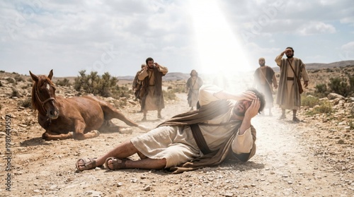 Man in ancient clothes blinded by miraculous light falling on dirt road next to horse. Saint Paul conversion story biblical scene. Religious depiction of divine encounter in desert.