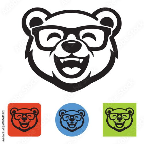 Happy bear mascot wearing glasses, smiling grizzly bear head vector icon set, cheerful animal character for branding and logos