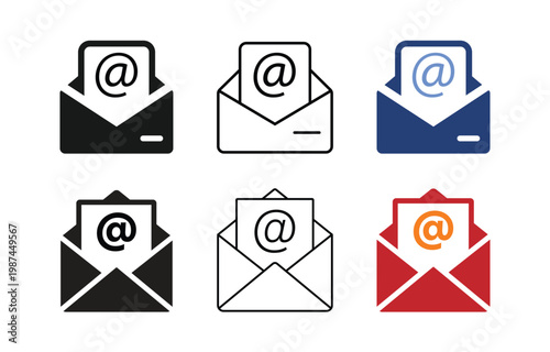 Email Envelope Icon Set with At-Symbol in Multiple Styles Vector Illustration

