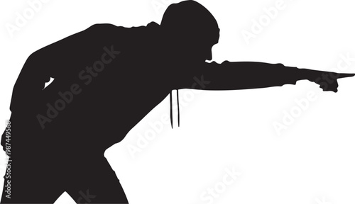 Black silhouette, man aiming gun, shooting stance, vector illustration