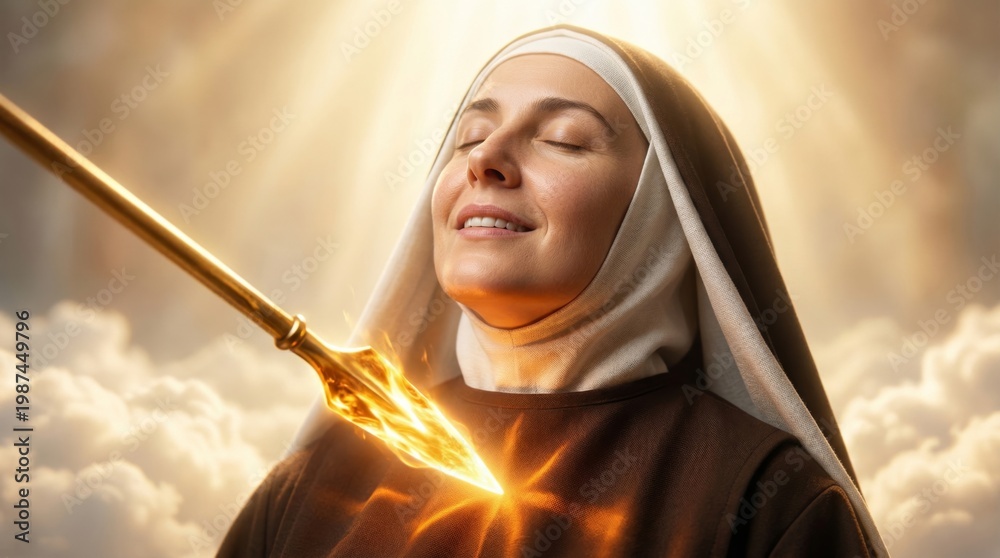 Fototapeta premium Nun experiences divine grace with flaming spear touching heart. Catholic religious scene depicting spiritual ecstasy and faith. Symbolic representation of mystical union with holy spirit.