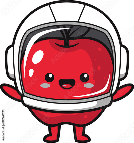Cute kawaii red apple character wearing a white astronaut helmet, smiling happily.