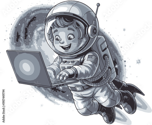 Grayscale cartoon illustration of a smiling child astronaut in a jetpack suit using a laptop.