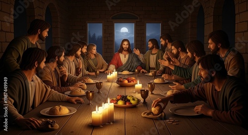 Sacred Christian artwork featuring apostles gathered around Jesus Christ at candlelit Last Supper table symbolizing devotion