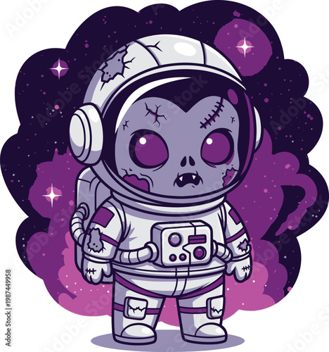 Cute cartoon zombie astronaut in a white spacesuit with a cracked helmet and large purple eyes.
