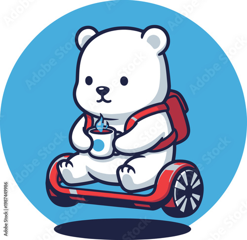 Cute cartoon polar bear with a red backpack and coffee, sitting on a red hoverboard.