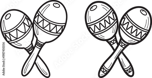 A black and white line drawing of two maracas crossed over each other isolated on white background