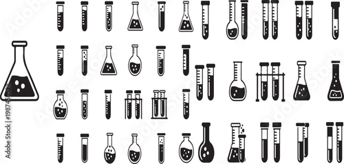 A set of twenty laboratory equipment icons including beakers and test tubes in black and white on a white background
