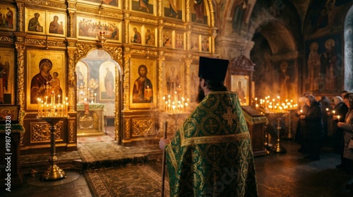 Priest in ornate green vestment performing christian liturgy in orthodox church. Clergyman holding staff in front of gold altar with icons. Religious ritual and worship ceremony concept.