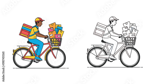 Delivery Man Riding Bicycle with Backpack and Basket Full of Packages, Courier Service Vector Illustration Set in Color and Line Art Outline Style for Shipping and Logistics Concept