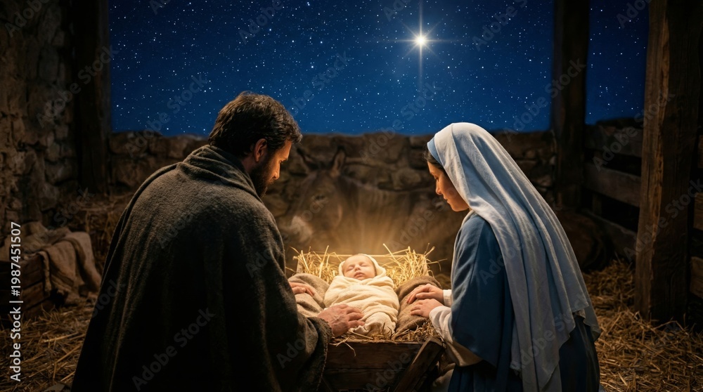 Fototapeta premium Nativity scene with baby Jesus resting in manger with mother Mary and Joseph. Traditional religious celebration of Christmas night. Concept of holy family and faith spirituality.