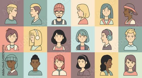 Diverse collection of handdrawn avatar portraits showcasing various individuals and their unique styles.