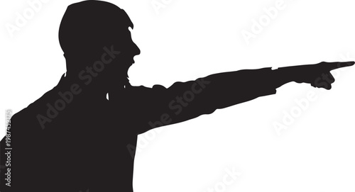 Black silhouette man pointing, finger gesture icon, directional sign vector, white background