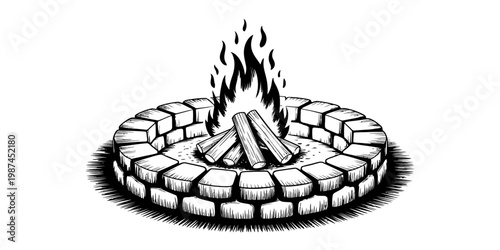 A classic hand-drawn illustration of a circular stone fire pit with burning logs and tall flames Vector, illustration