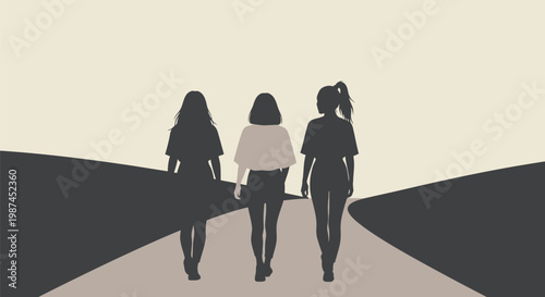 Three women walking together seen from behind symbolizing friendship and companionship.
